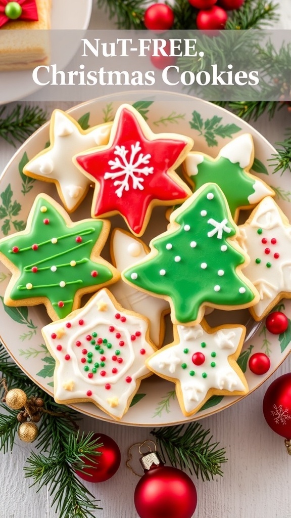 A variety of nut-free Christmas cookies decorated with icing and sprinkles on a festive plate.